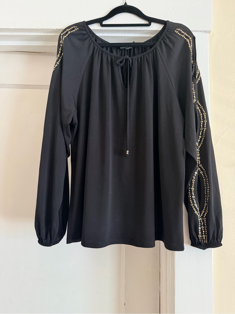 Belldini Black Long-Sleeve Beaded Peasant Blouse with Cutout Sleeves